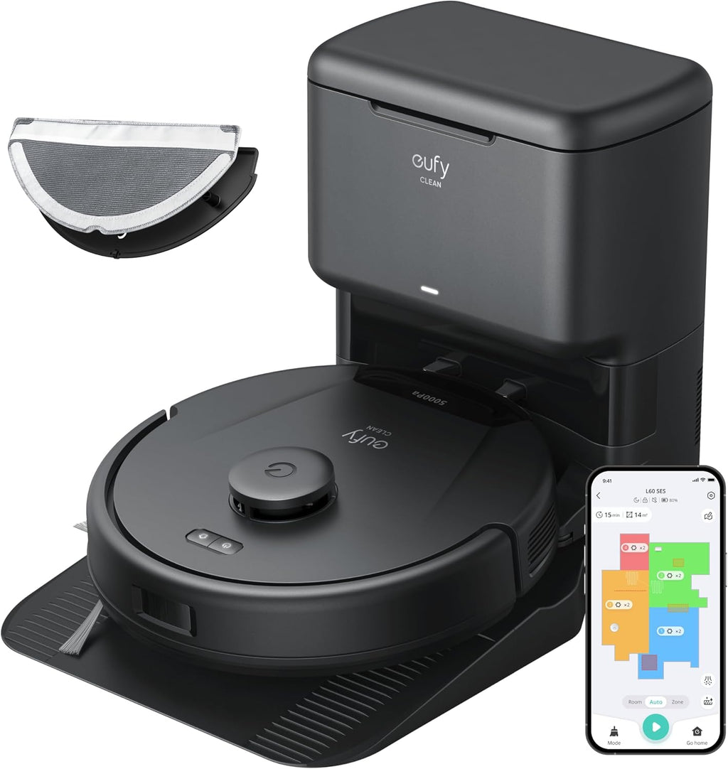 eufy Certified Like-New L60 Hybrid Robot Vacuum with Self Empty Station, Hair Detangling Technology, Up to 60 Days of Hands Free Cleaning, Ultra Strong 5,000 Pa Suction (Renewed)