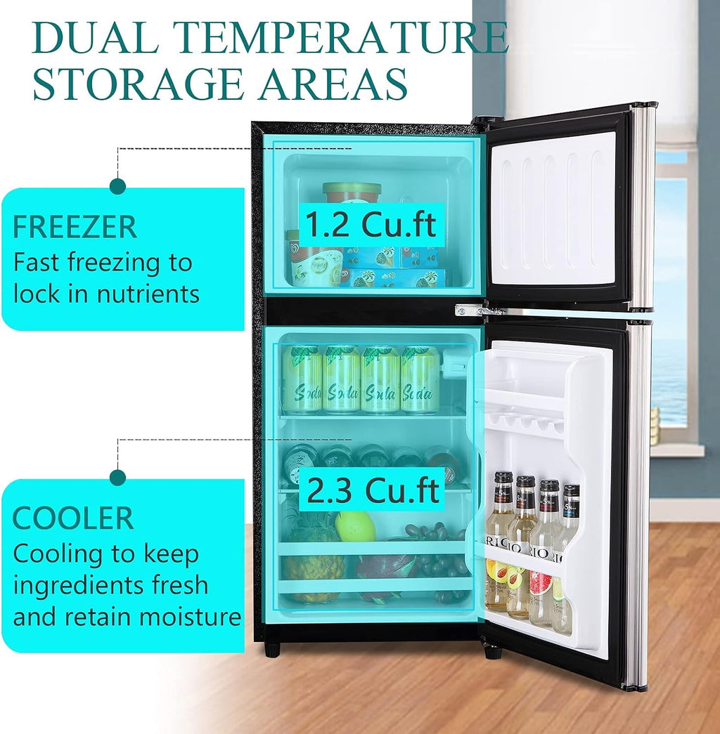 KRIB BLING 3.5 Cu.Ft Refrigerator with Freezer, 2 Doors Fridge with Adjustable Thermostat Control, Refrigerator for Kitchen, Dorm, Apartment, Garage, Office, Silver