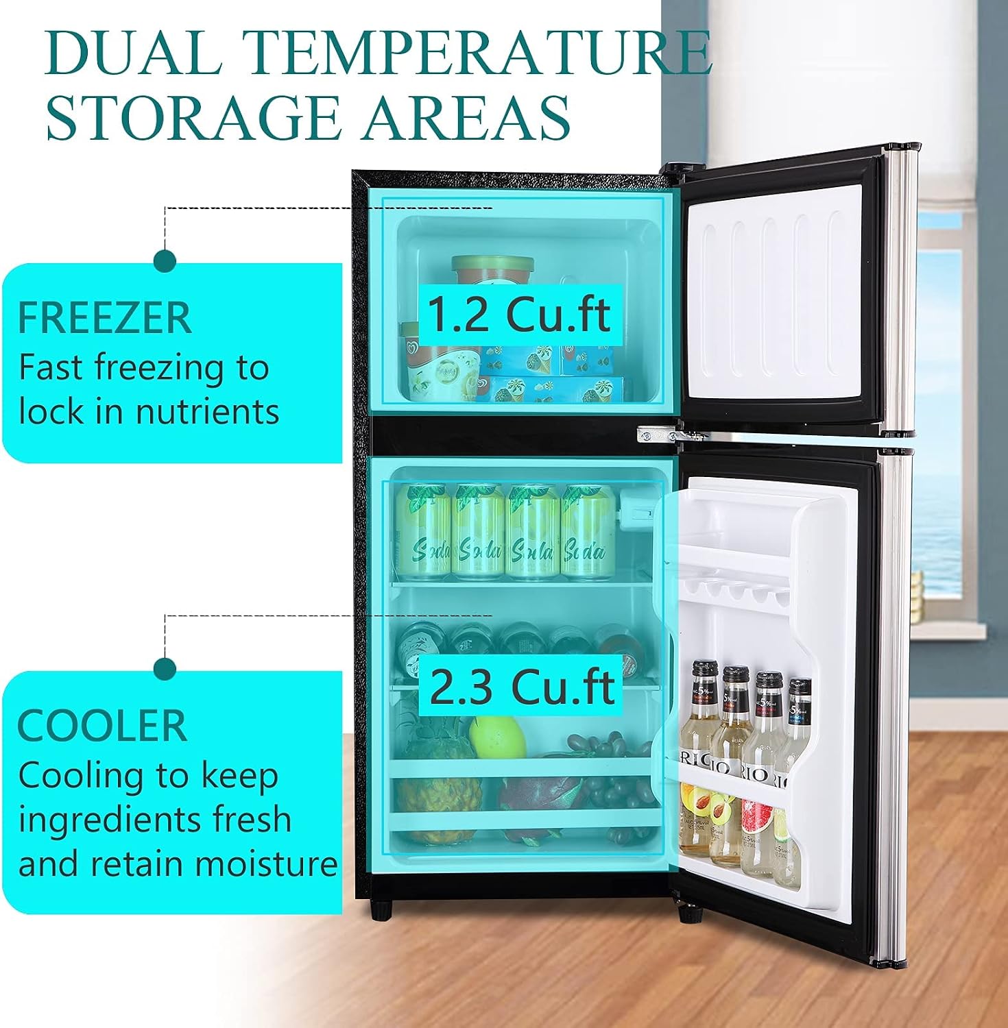 KRIB BLING 3.5 Cu.Ft Refrigerator with Freezer, 2 Doors Fridge with Adjustable Thermostat Control, Refrigerator for Kitchen, Dorm, Apartment, Garage, Office, Silver
