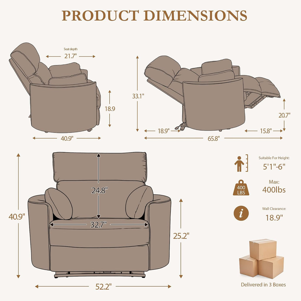 450lbs Oversized Power Recliner Chair for Big and Tall Adults, 52' Extra Wide Electric Recliner with USB & Type-C Ports, Chenille Fabric Single Sofa Chair for Living Room & Bedroom, Brown
