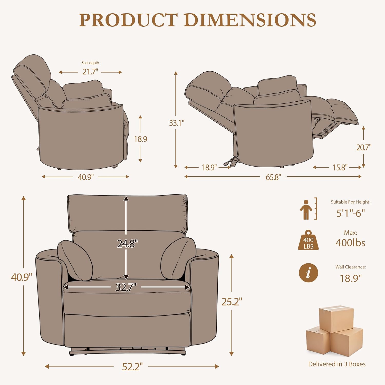 450lbs Oversized Power Recliner Chair for Big and Tall Adults, 52' Extra Wide Electric Recliner with USB & Type-C Ports, Chenille Fabric Single Sofa Chair for Living Room & Bedroom, Brown
