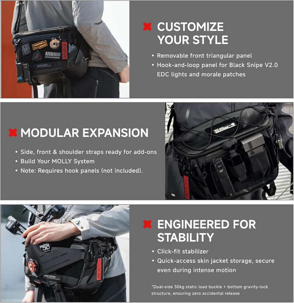 VSGO Black Snipe Pro 7-9L Expandable Camera Sling Bag – Waterproof Techwear Fabric, Anti-Twist, Modular Dividers & Tripod Holder, Lightweight Professional Camera Bag