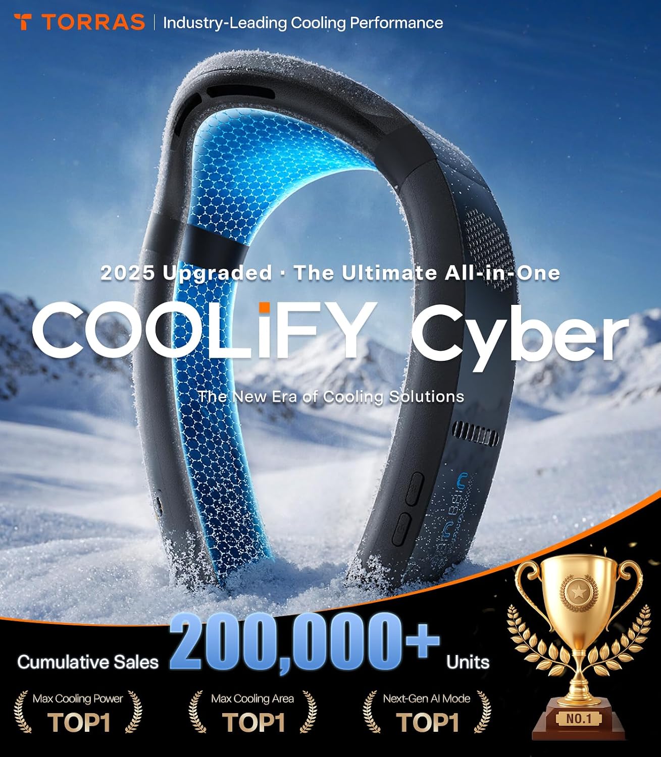 TORRAS COOLiFY Cyber AI Neck Air Conditioner, Ultimate Immersive Cooling Portable Neck Fan【No.1 Coolest & Max Cooling Area】 Neck Fans that Blow Cold Air 6000 mah Rechargeable for Gift