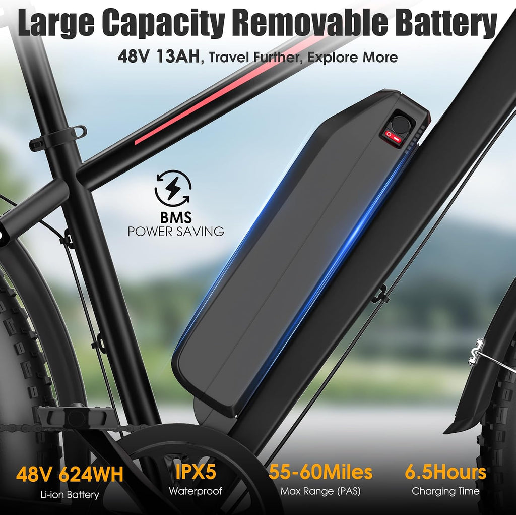 Electric Bike for Adults, 1000W Peak 20MPH 60Miles Ebike,48V 13AH Battery Electric Mountain Bike, 26' x 4'' Fat Tire Electric Bicycle with Rear Rack, Fenders, 7 Speed, UL 2849 Certified