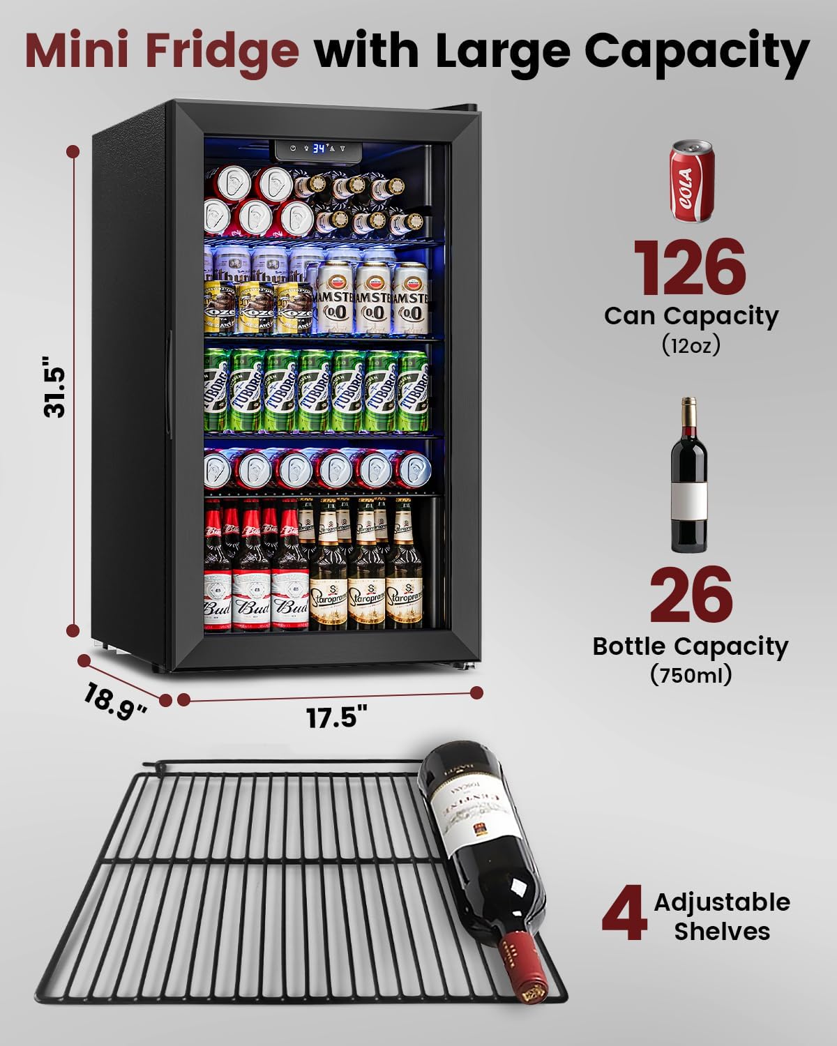 Feelfunn Wine Cooler Refrigerator - 26 Bottle 126 Can Mini Wine Fridge with Glass Door for Beer Soda Water Drink, Small Wine Cellar Beverage Refrigerator for Bedroom Office Home Bar Dorm, 3.2 Cu.Ft