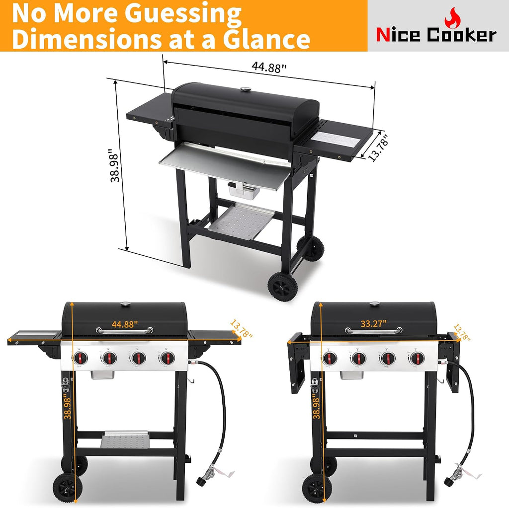 4-Burner Propane Gas Grill with Cast Iron Grates, 302 Sq. In. BBQ Grilling Space, Foldable Side Shelves for Portable Outdoor Patio Camping, Black