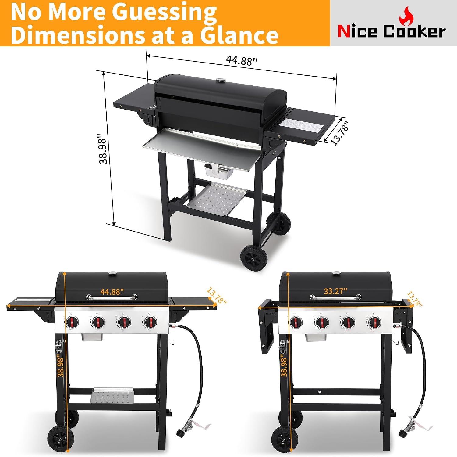 4-Burner Propane Gas Grill with Cast Iron Grates, 302 Sq. In. BBQ Grilling Space, Foldable Side Shelves for Portable Outdoor Patio Camping, Black