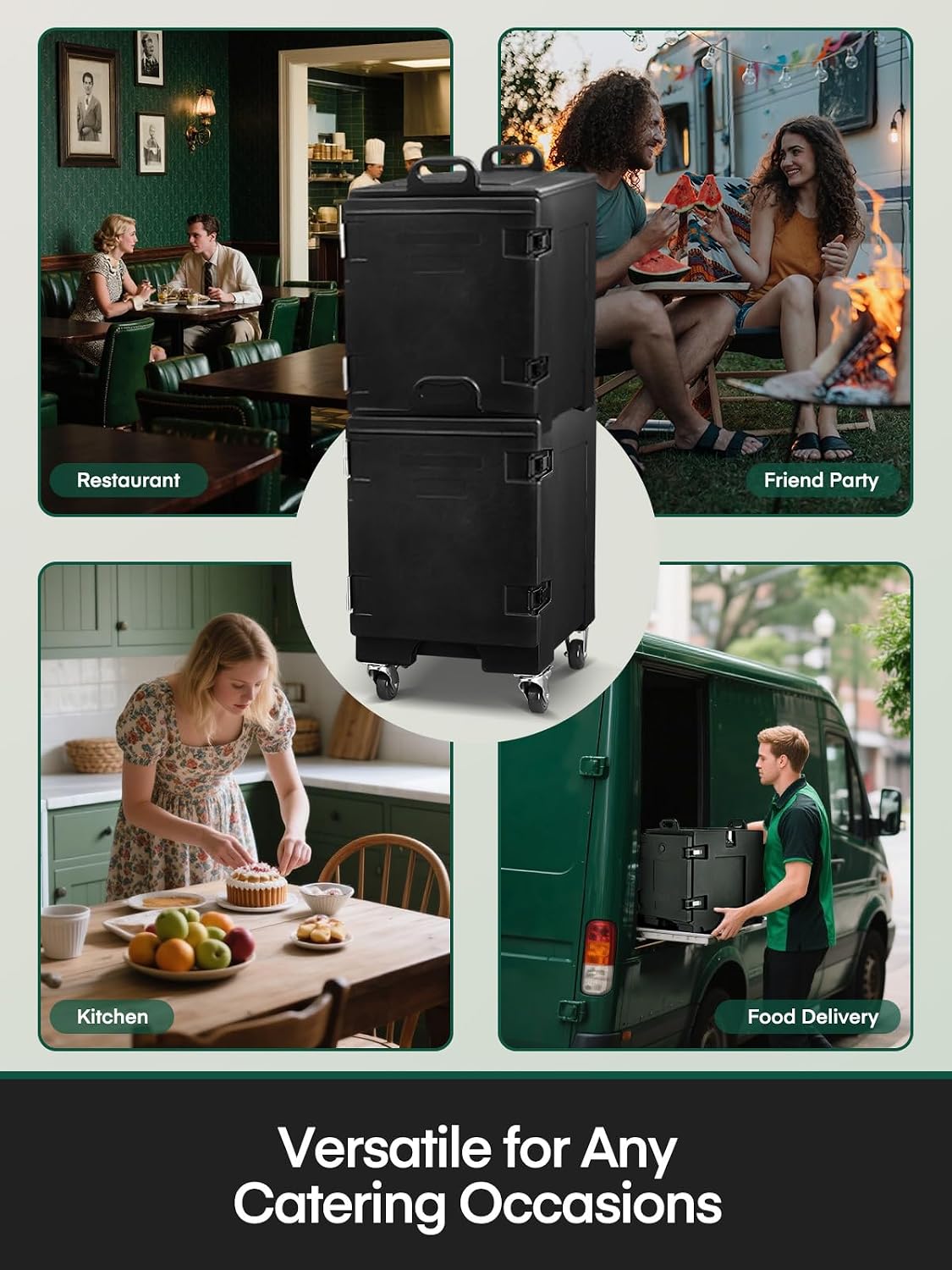 Catering Food Warmer w/Wheels, 82QT Insulated Food Pan Carrier, LLDPE Food Warmer Box for 5 Full-Size Pan, Stackable, Front Loading Food Box Carrier w/Handles, Hot Boxes for Catering,Party