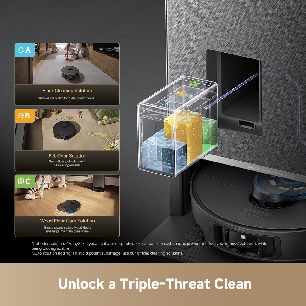 DREAME Matrix10 Pro Robot Vacuum and Mop, Featuring Multi-Mop Switching Dock, Three-Solution Compartment, Detangling Brush, 30,000Pa Suction, 212°F (100℃) Mop Self-Cleaning Black