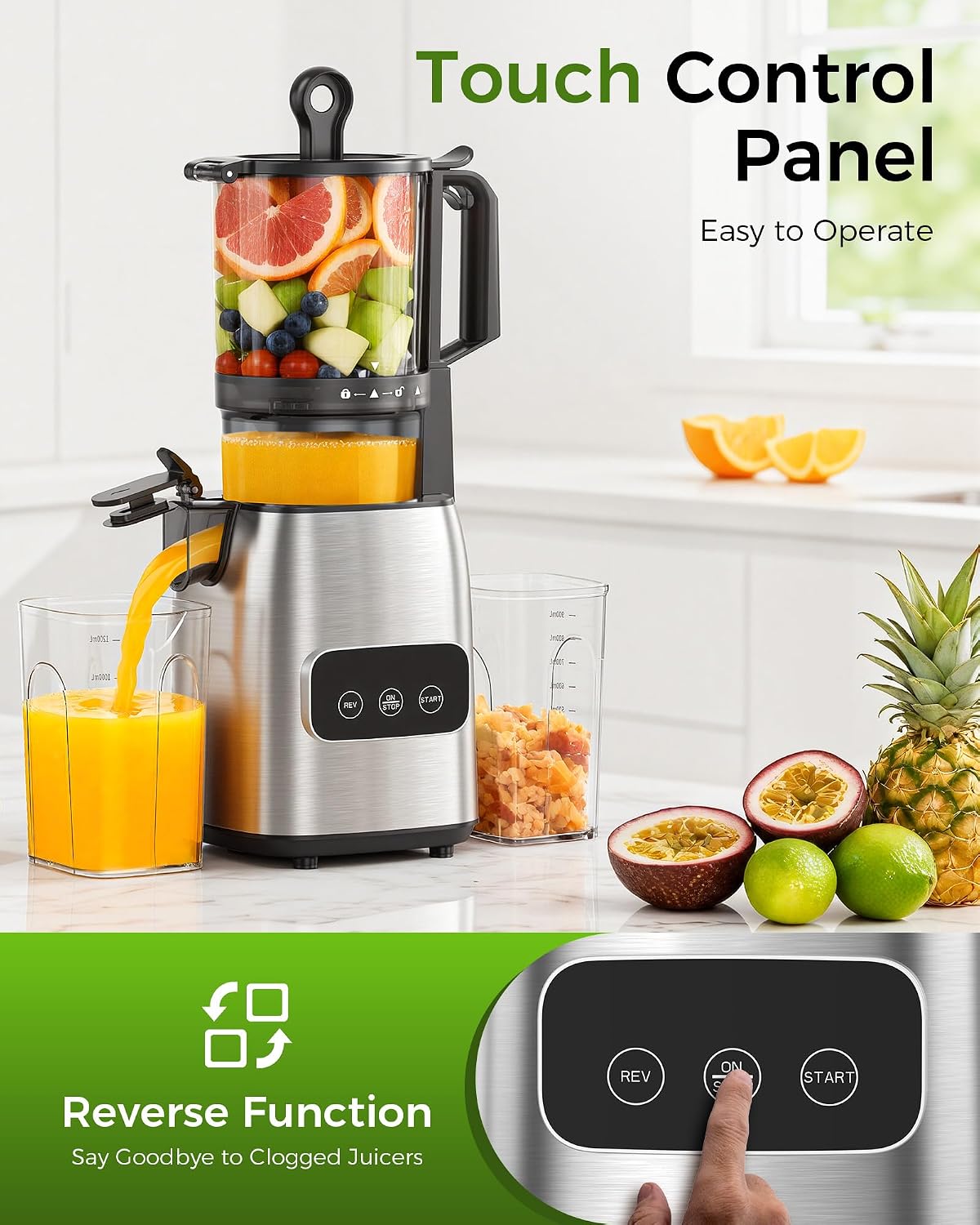 COWSAR Cold Press Juicer, Advanced Touch Controls Juicer Machines with 5.4' Wide Feed Chute, Quiet Motor High Juice Yield Slow Masticating Juicer for Whole Fruits & Vegetables