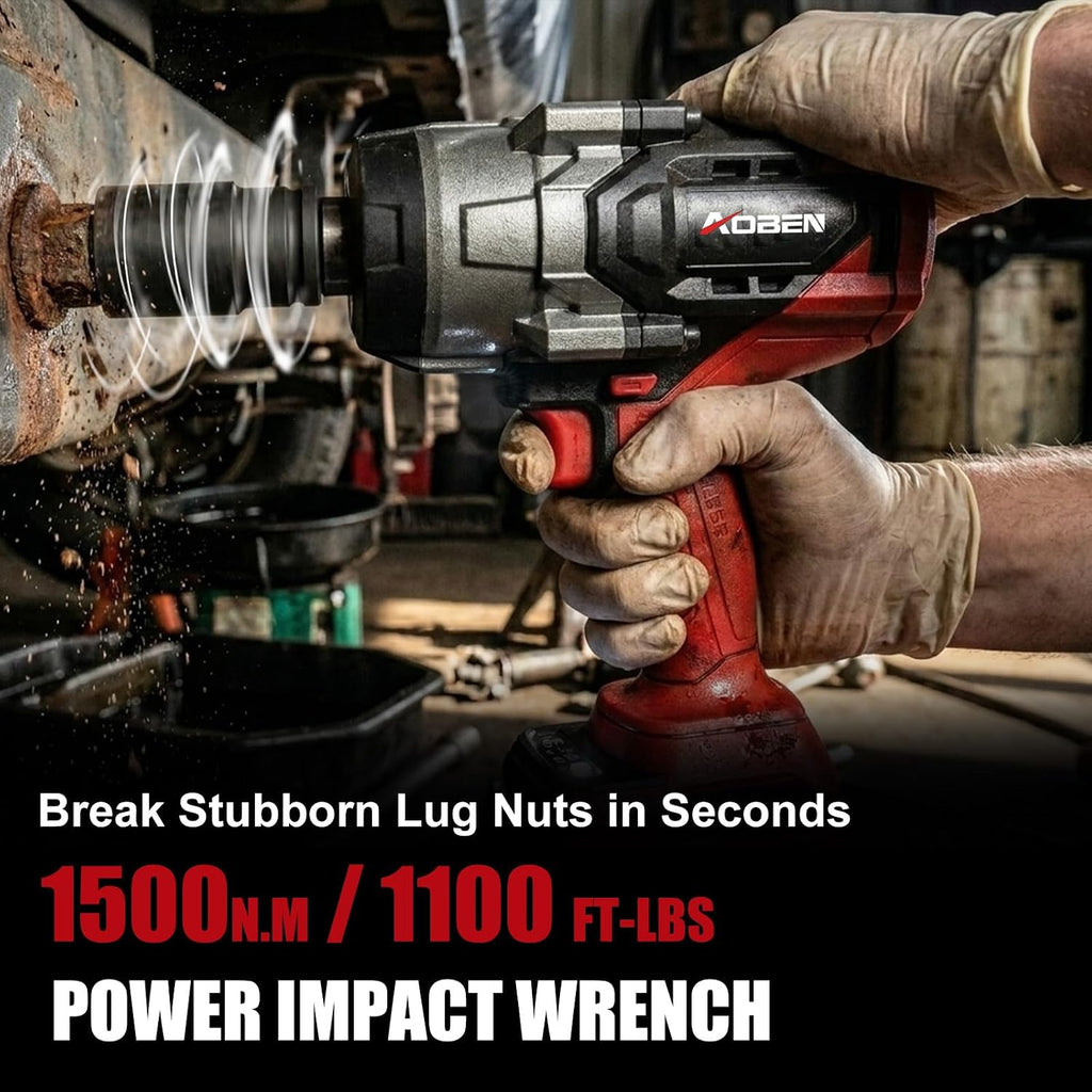 AOBEN 1500N.m Cordless Impact Wrench, 1/2' Heavy Duty Impact Gun, 3-Speed 2500RPM Power Torque for Truck & RV Lug Nuts, Rusted Bolts, 4.0Ah Battery & Fast Charger, 6 Sockets & Carry Case