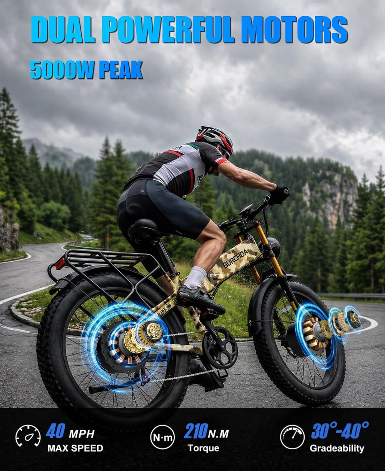 DAMSON Electric Bike for Adults Dual Motor AWD 5000W/3000W/1500W Peak 40MPH/30MPH Dirt Ebike, 52V/48V Max-Output Up to 65/80/120/160 Miles Long Range, 26' Full Suspension Fat Tire Mountains Bicycle