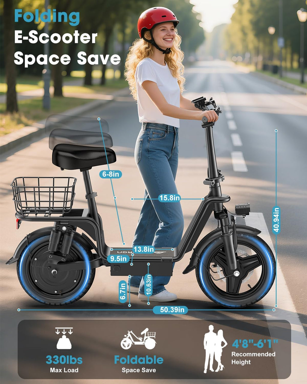 INSDRGN Electric Scooter with Seat for Adults, Peak 1300W Motor, 28-35 Miles Range eScooter, 48V 13Ah Li Battery, 20MPH Foldable Commuter E-Scooter with Basket, Max 330LBS, UL2272 Certified, C14 PRO