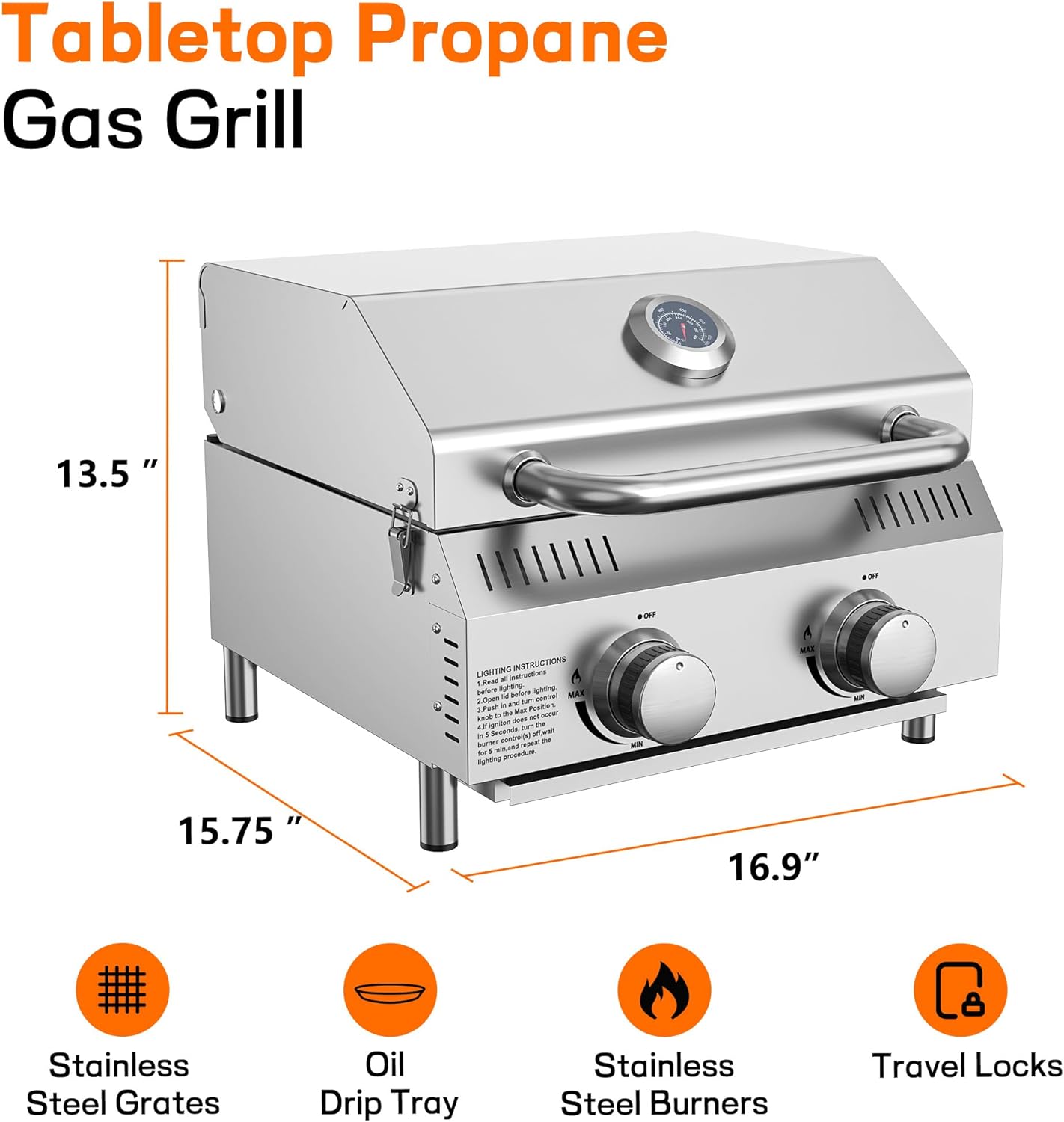 Veralune 2 Burner Tabletop Gas Grill, 22,000 BTUs Stainless Steel Portable Propane Grill with Legs, Built-in Thermometer, Travel Locks for Tailgating, Outdoor, Camping, RV Trips