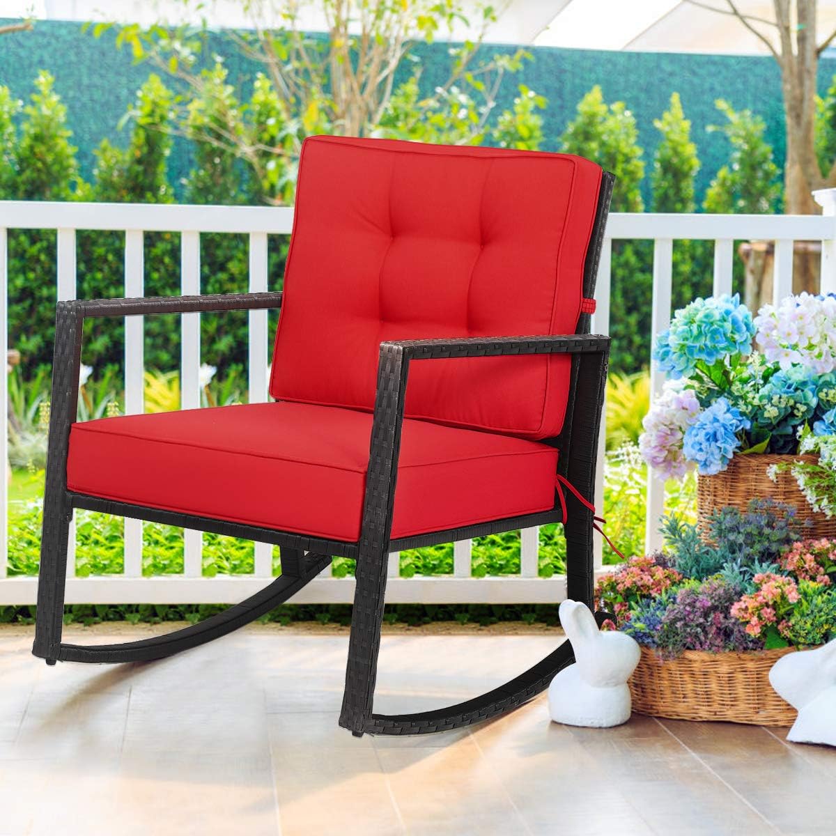 Tangkula Wicker Rocking Chair, Outdoor Glider Rattan Rocker Chair with Heavy-Duty Steel Frame, Patio Wicker Furniture Seat with 5' Thick Cushion for Garden, Porch, Backyard, Poolside (2, Red)