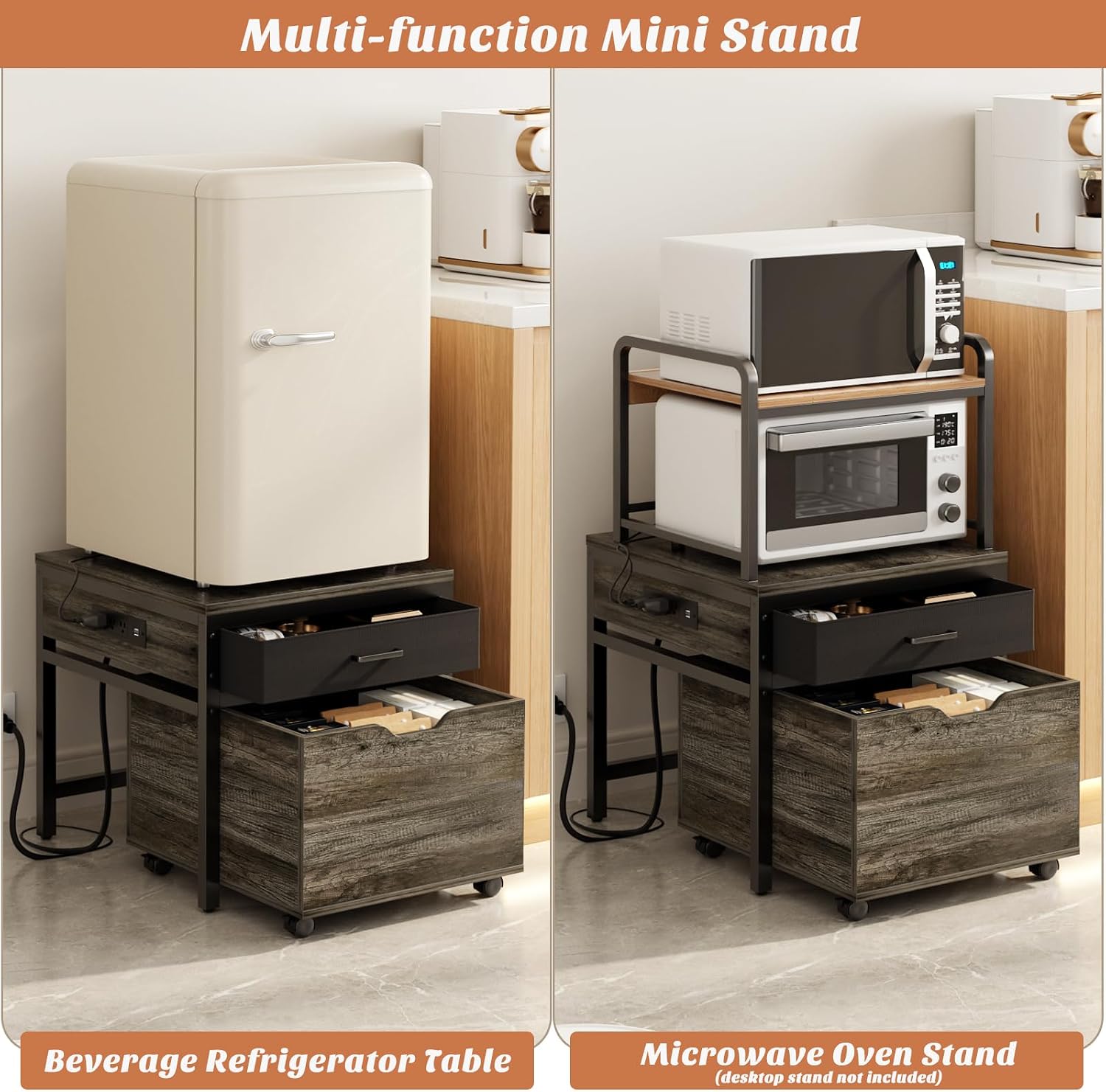 Unikito Mini Fridge Stand with Storage and Charging Station, Refrigerator Table with Drawer Basket for Dorm, Apartment, Office, Bedroom, Heavy Duty Small Refrigerator Stand Cart, Hold 300LBS, Gray Oak