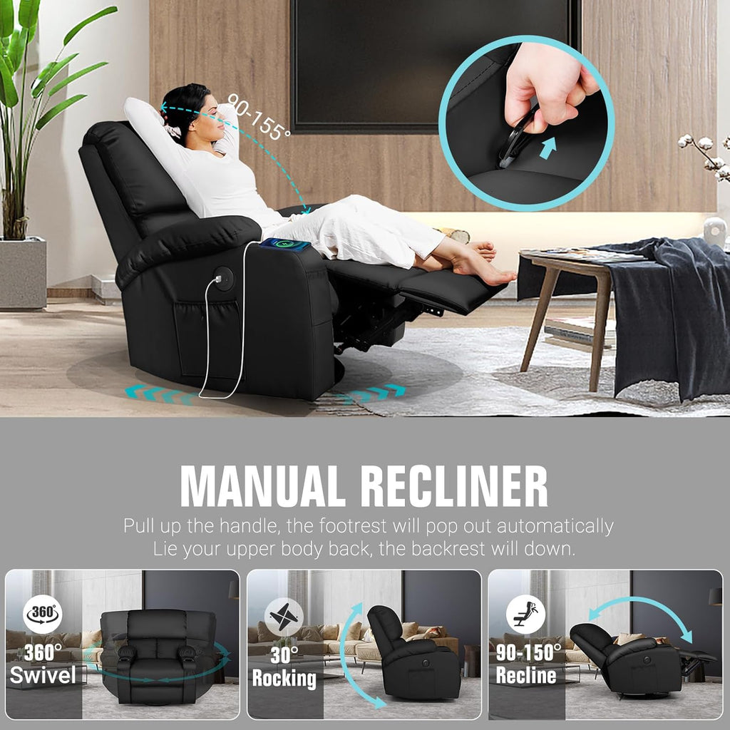 LAFWELL Rocking Recliner Chair, Massage Rocker Recliner Chair with Vibration Massage and Heat, USB and Type-C Ports,360° Swivel Faux Leather Chairs, Living Room, Bedroom, Nursery, RV, Black