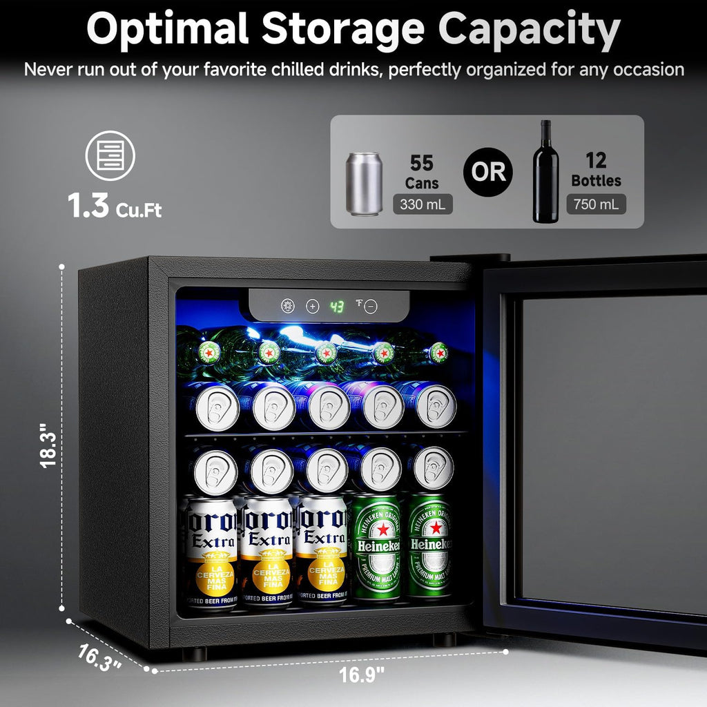 Feelfunn 50 Can Beverage Refrigerator Cooler - 1.3 Cu.Ft Mini Fridge with Glass Door, Soda Beer Drink Wine Fridge, Countertop Small Refrigerator for Bedroom Office Home Dorm Bar, Black