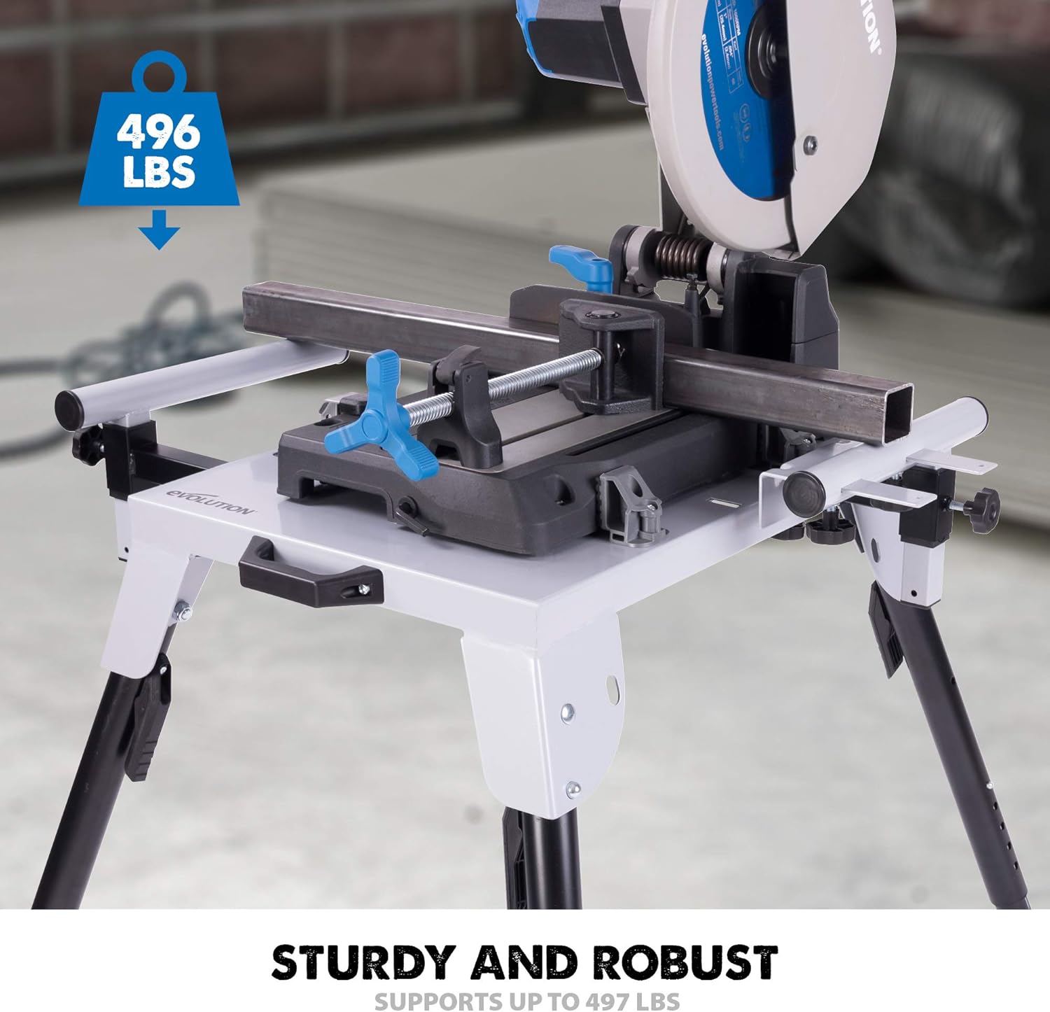 Evolution Power Tools 005-0002 Chop Saw Stand with Universal Fitting, Height Adjustable, 3M Extendable Arms & Supports Upto 225KG,Black/ Silver