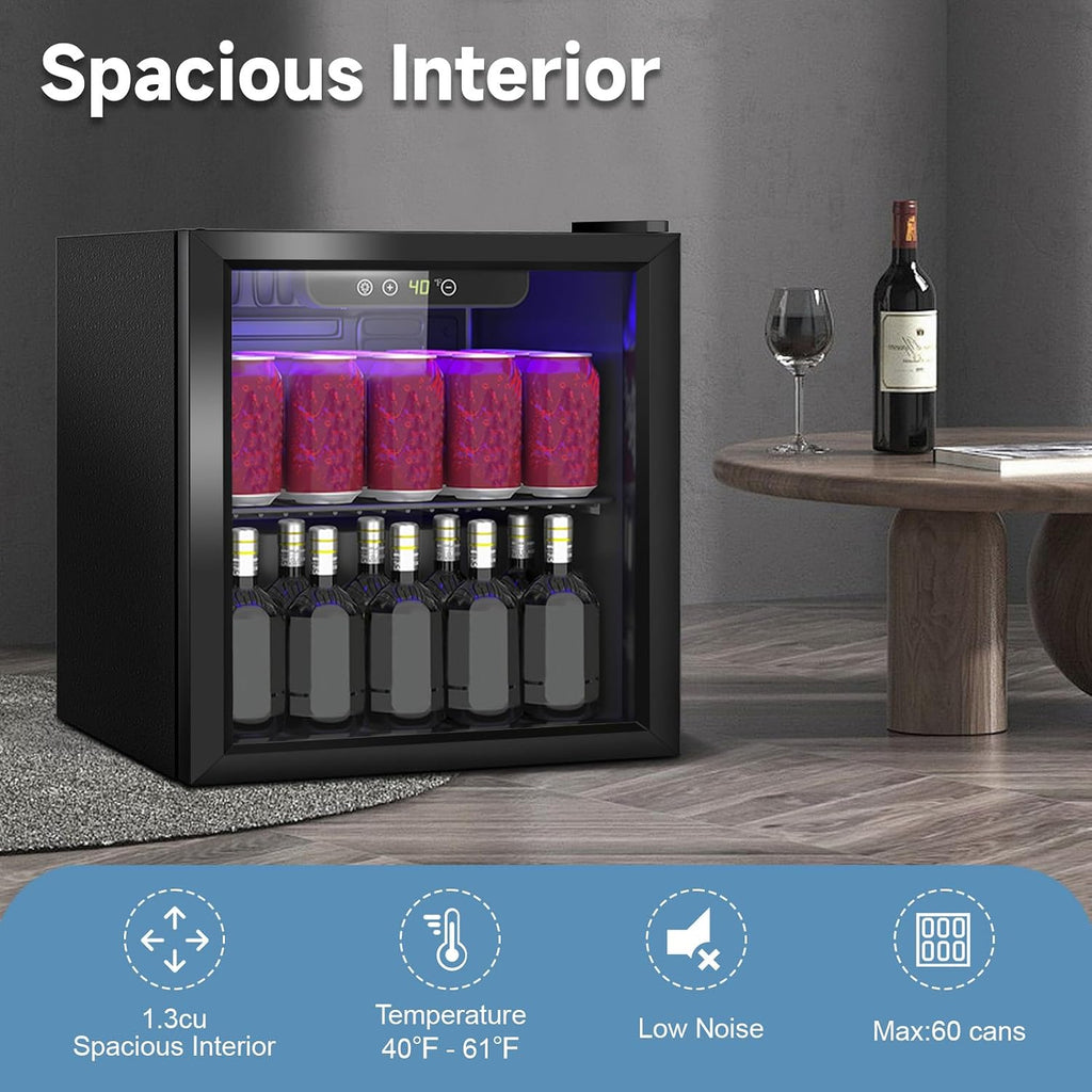 DOGHLY Beverage Refrigerator Cooler, 60 Can Mini Fridge Glass Door for Drinks Soda, Beer, or Wine - Small Refrigerator for Office Bedroom Home Bar, Adjustable Shelves, 1.3 Cu.Ft, Black
