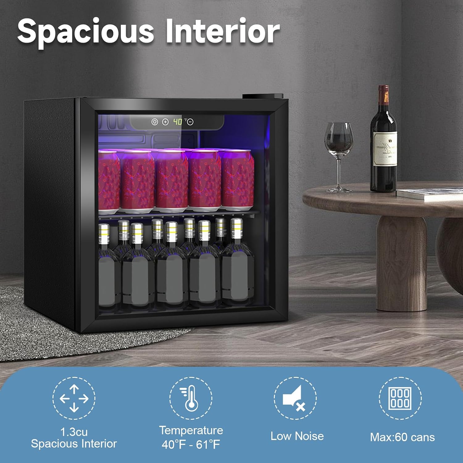 DOGHLY Beverage Refrigerator Cooler, 60 Can Mini Fridge Glass Door for Drinks Soda, Beer, or Wine - Small Refrigerator for Office Bedroom Home Bar, Adjustable Shelves, 1.3 Cu.Ft, Black