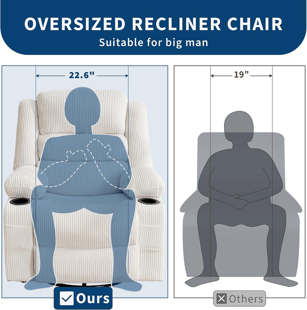 Rocking Recliner Chair for Adults Wide 360° Swivel Rocker Recliner with Cup Holder Nursery Glider with Upholstered Deep Seat Corduroy Lazy boy Chair for Living Room Beige