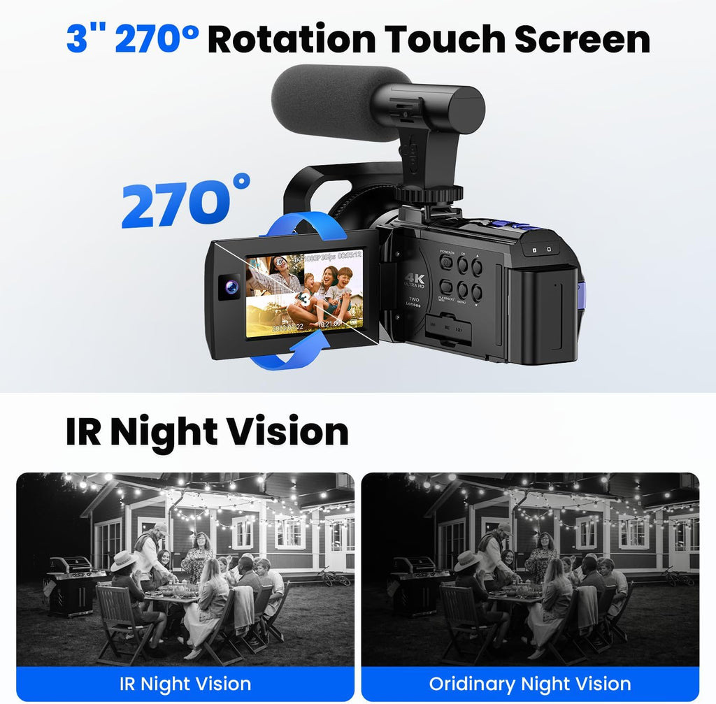 Camcorder Video Camera 5K 56MP - Dual Lens Vlogging Camera for YouTube with Night Vision 16X Digital Zoom 3' 270° Flip Touchscreen, 64GB Card, Microphone, Remote - Video Recorder for Content Creators