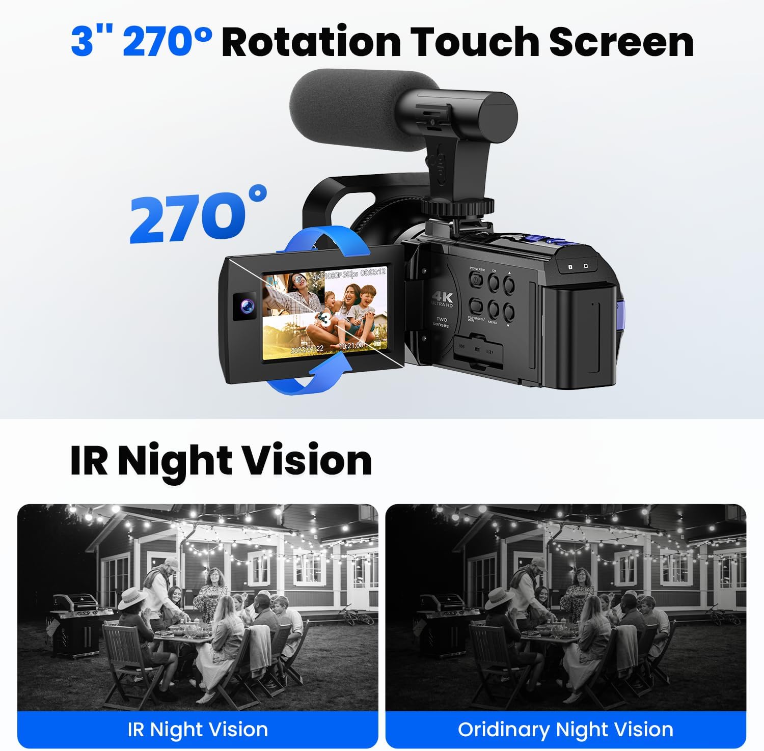 Camcorder Video Camera 5K 56MP - Dual Lens Vlogging Camera for YouTube with Night Vision 16X Digital Zoom 3' 270° Flip Touchscreen, 64GB Card, Microphone, Remote - Video Recorder for Content Creators