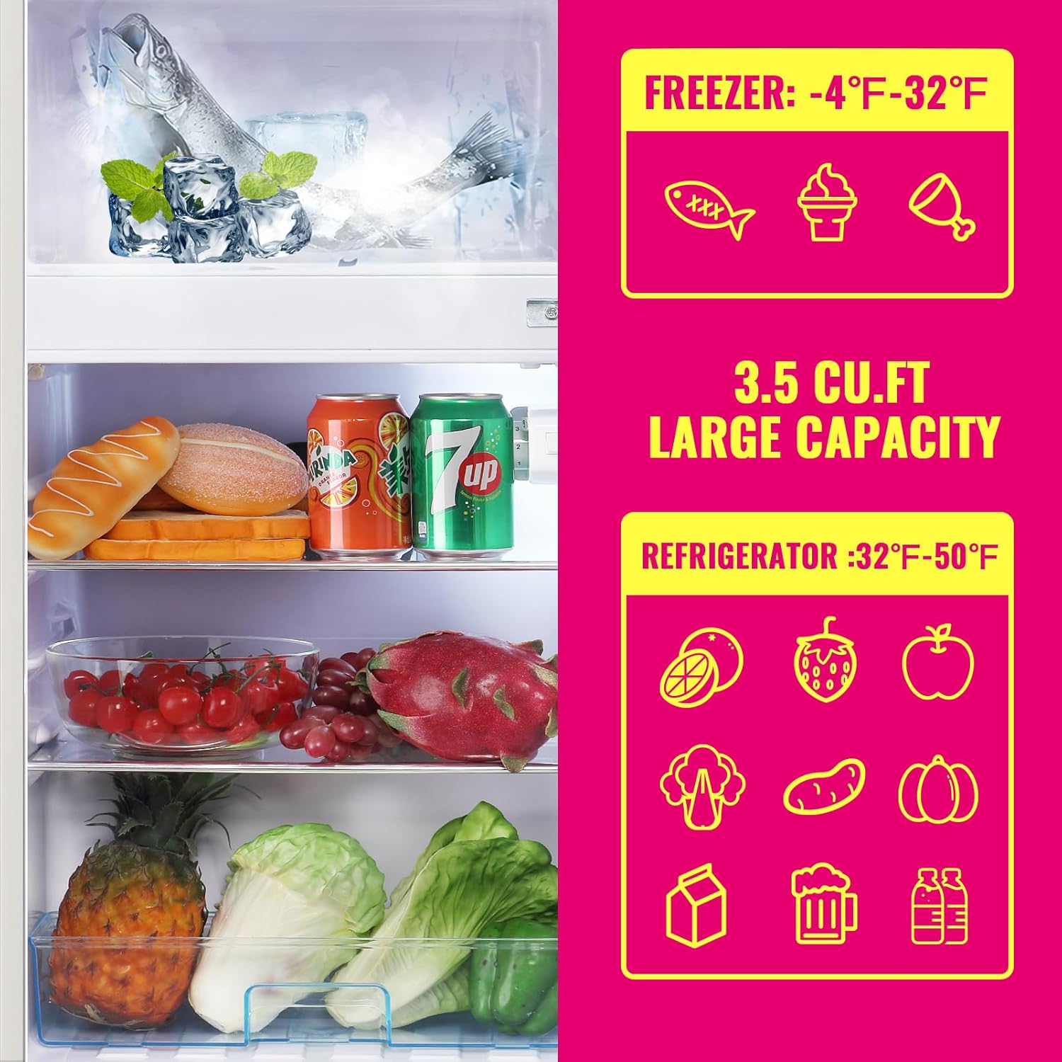 DEMULLER Retro Mini Fridge 3.5 Cu.ft Small Refrigerator with Top Freezer Compact Fridge Apartment Size Refrigerator Dual Door with Handles for Home Office Dorm