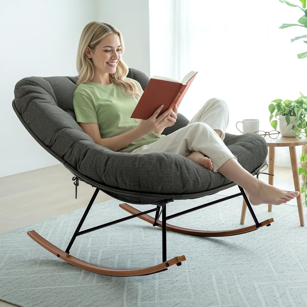 Bme Patio Rocking Chair Outdoor & Indoor, Metal Patio Lounge Rocking Chair with Thick Cushion, Comfy Modern Rocker Chair for Living Room, Porch, Backyard, Grey Cushion - Wood Texture Rocker