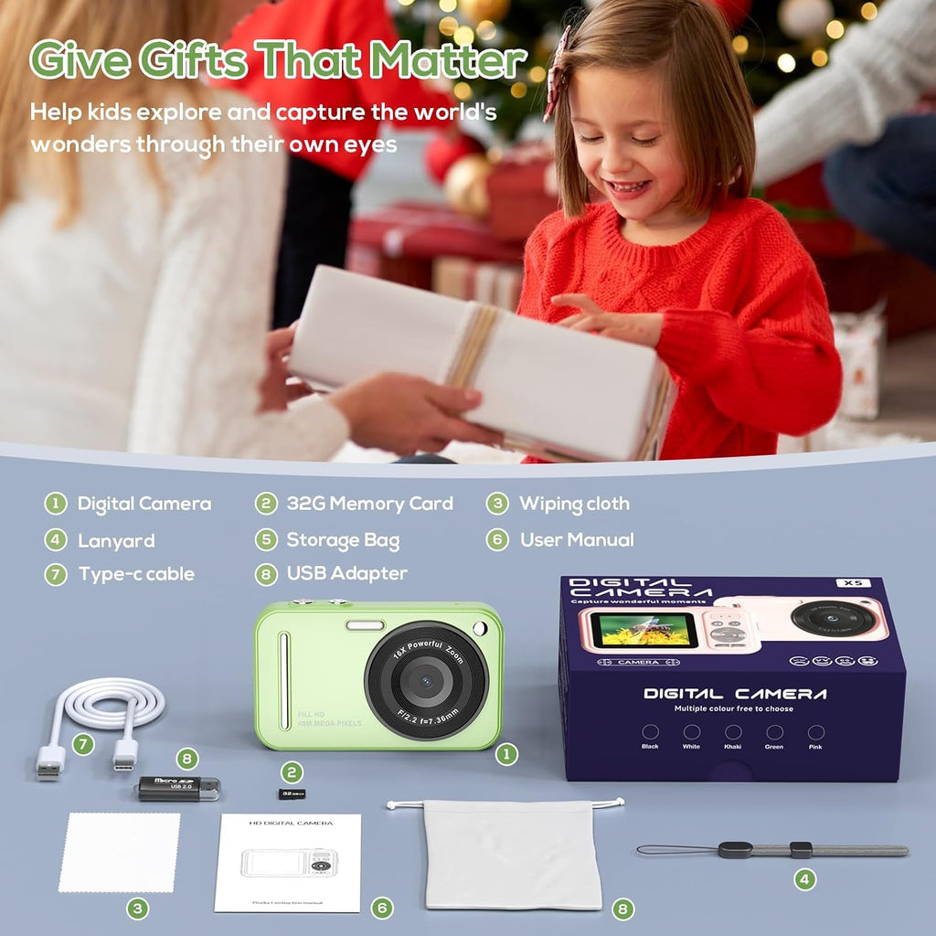 Digital Camera for Kids, WITYEAH 48MP FHD 1080P Point and Shoot Digital Cameras with 16X Zoom Anti-Shake, Compact Portable Cameras for Photography, for Boys Girls Teens Beginners,Green