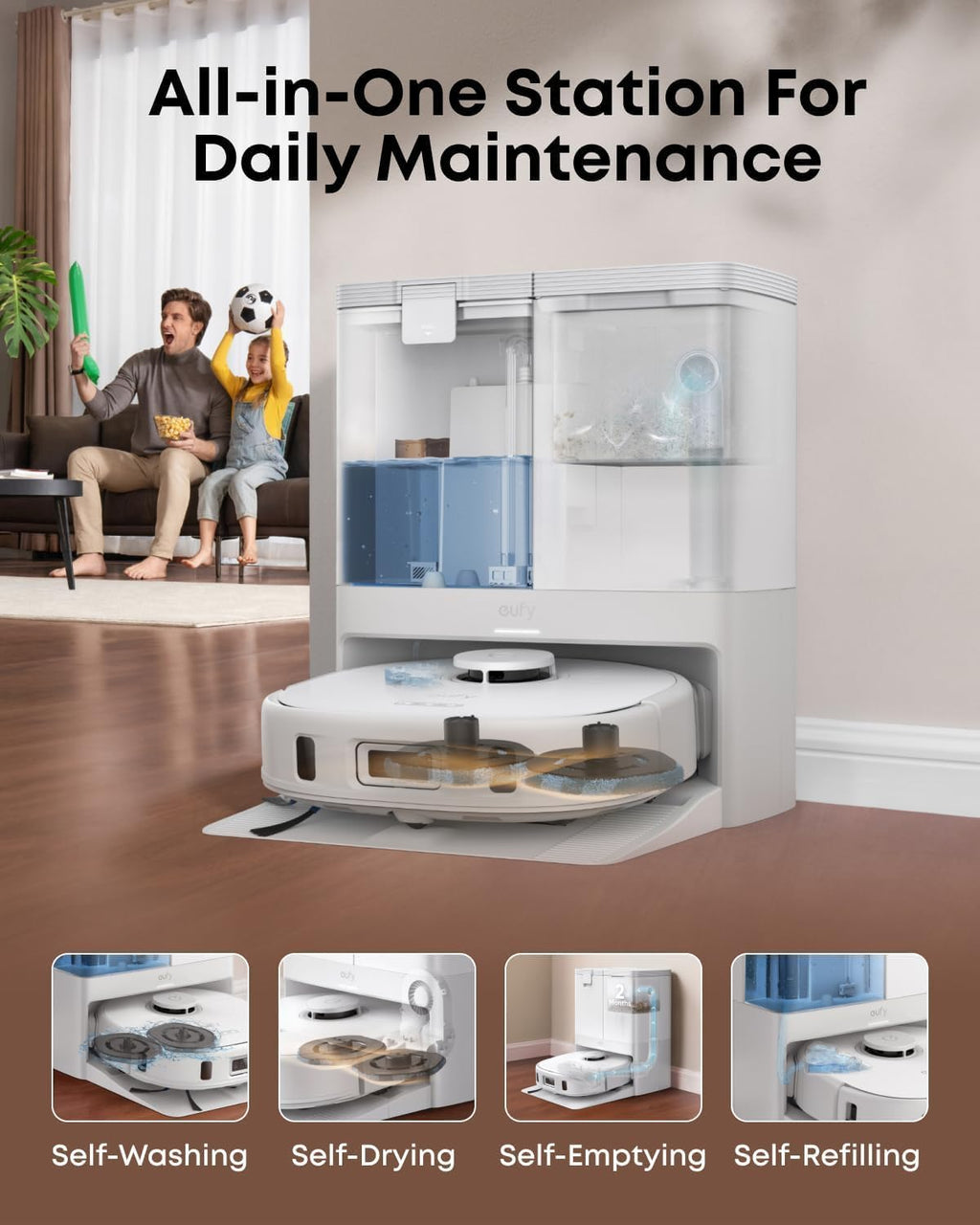 eufy Certified Like-New X10 Pro Omni Robot Vacuum and Mop Combo, 8000Pa Suction, Dual Mops with 12mm Auto-Lift, AI Obstacle Avoidance, Auto Washing & Drying, Self-Emptying, White (Renewed)