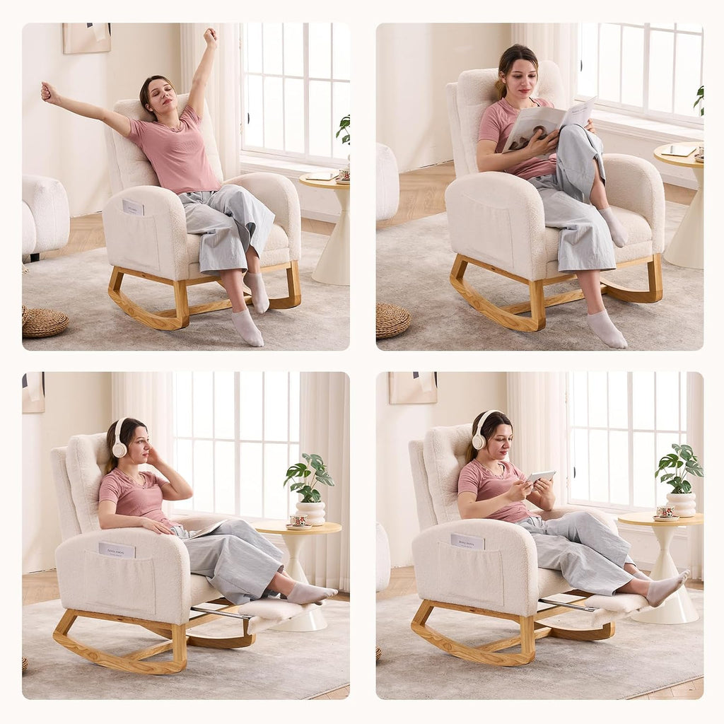 Nursery Rocking Chair,Rubber Wood Base Glider Rocking Chair with Adjustable Footrest and Side Pocket,Teddy Fleece Glider Rocker for Living Room, Bedroom (Teddy Fleece, Beige White)