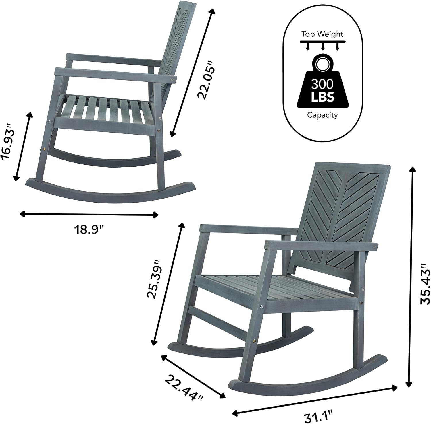 JONATHAN Y RCK100B Ned Modern Chevron-Back 300-Lbs Support Acacia Wood Patio Outdoor Rocking Chair for Garden, Lawn, Backyard, Pool, Deck, Beach, Firepit, Gray