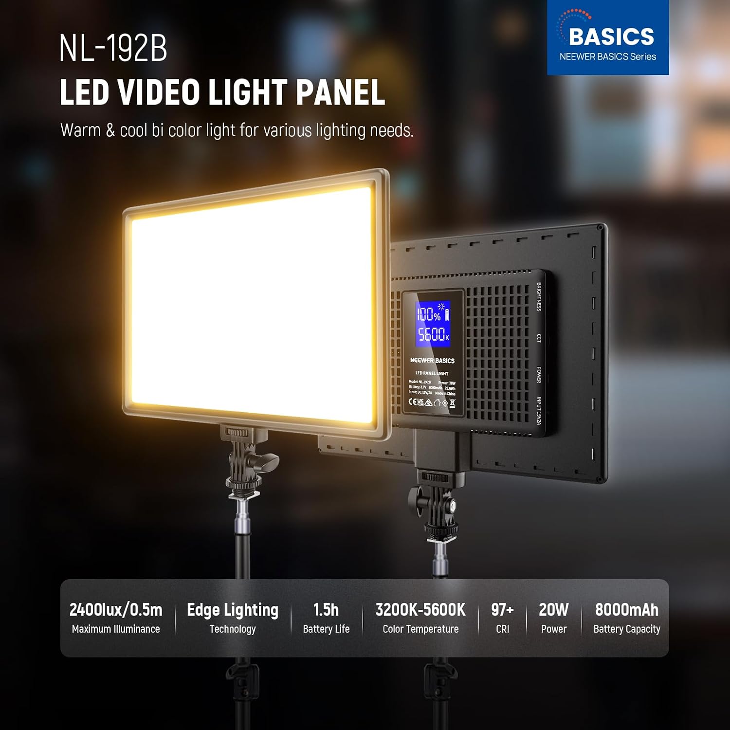 NEEWER BASICS 13' LED Video Light Panel, 2 Pack Studio Lighting Kit with Tripod Stands, Bi Color Photo Key Light for Streaming Photography Podcast Recording, 2400Lux 3200-5600K CRI97+ 8000mAh, NL-192B