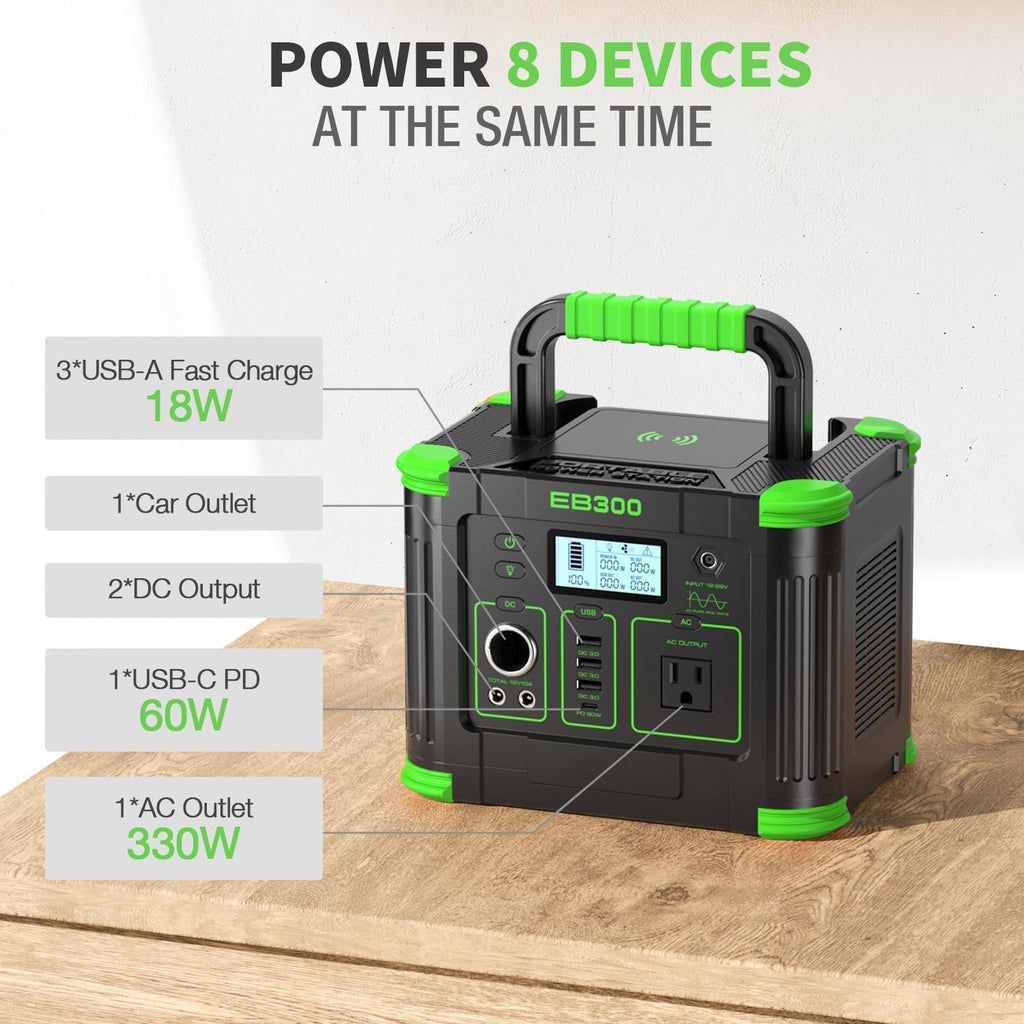 Portable Power Station 330W Solar Generator 288Wh, 60W USB-C PD Fast Charging, Pure Sine Wave AC Outlet, 5W Wireless Charger, LED for RV Camping, CPAP Emergency Backup & Off-Grid Living (Peak 600W)