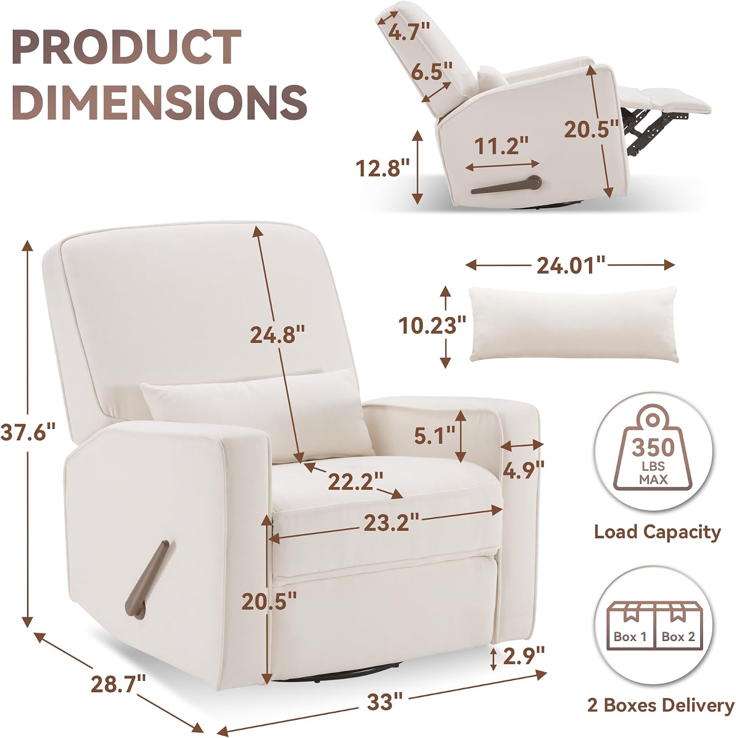 Tbfit Nursery Rocking Chair,360°Swivel Recliner Chair with Lumbar Support for Bedroom, Comfy Upholstered Armchair with Pillows & Footrest for Living Room & Baby Room