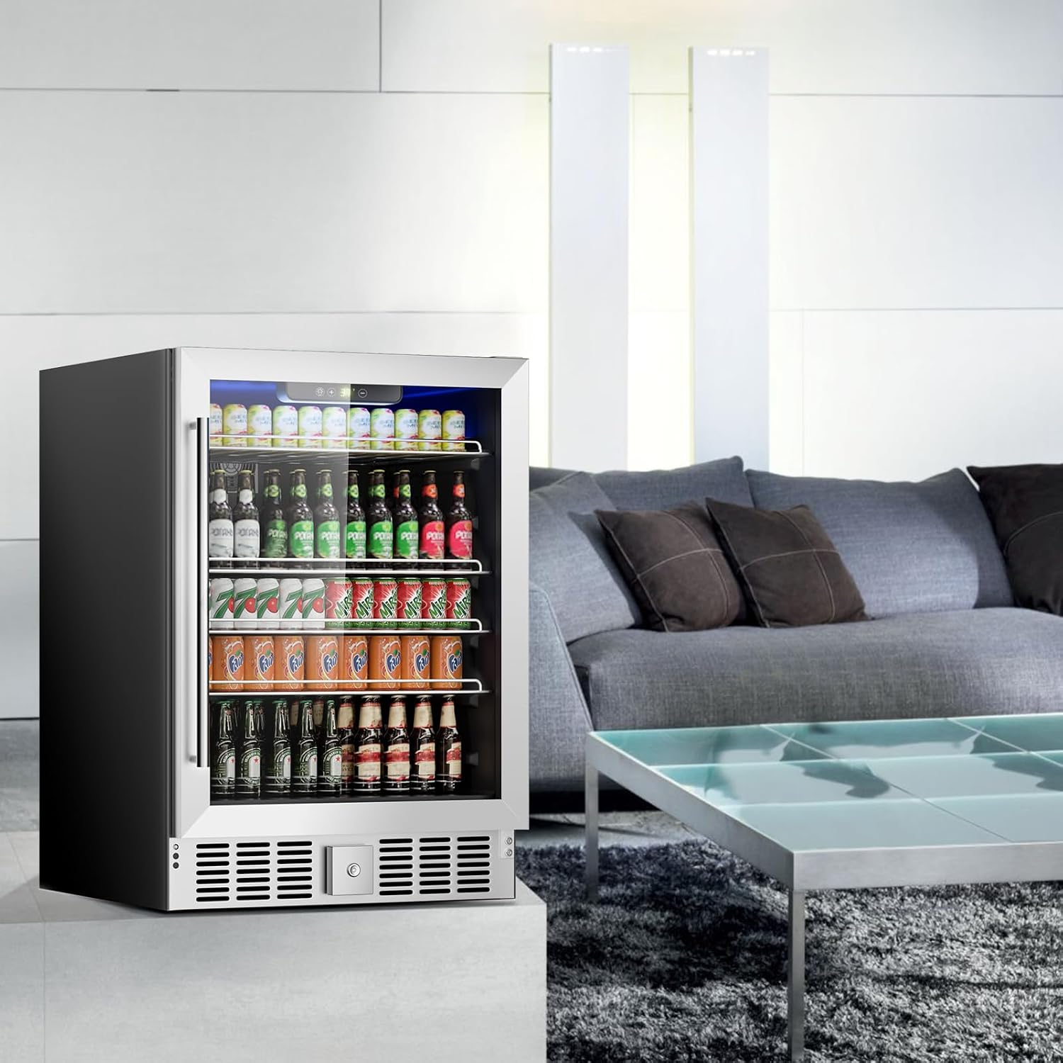 Stopasd Beverage Refrigerator Cooler, 5.3 Cu.Ft/166 Can Drink Fridge with Adjustable Shelves & Glass Door for Soda Wine Beer, Quiet Undercounter Small Fridge for Home/Office/Bar/Garage(37-61 ℉),Sliver