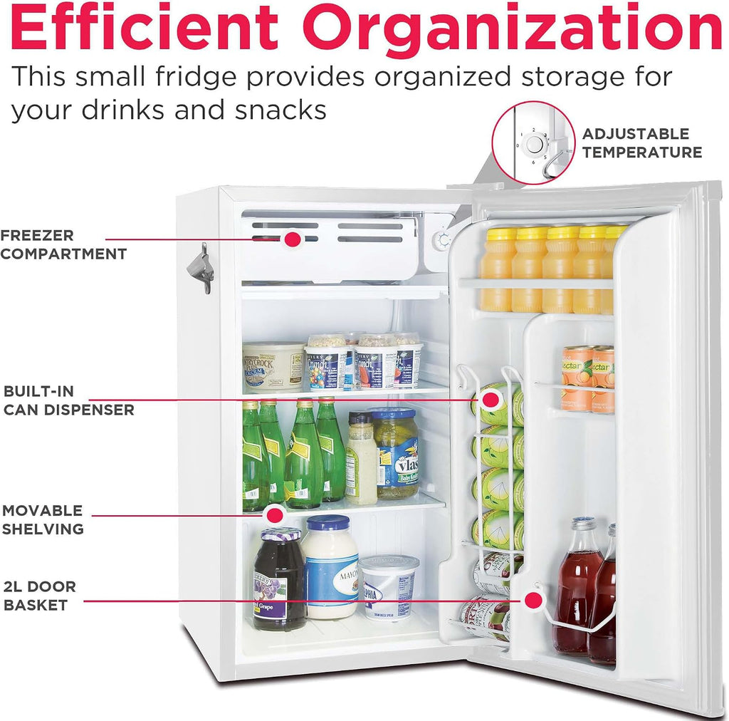 Frigidaire Retro Compact Fridge with Chiller, 3.2 cu ft Countertop Fridge with Built-In Bottle Opener, Compact Refrigerator for Office, Bedroom, Dorm Room or Cabin - 18.7'D x 19.01'W x 33.27'H (White)