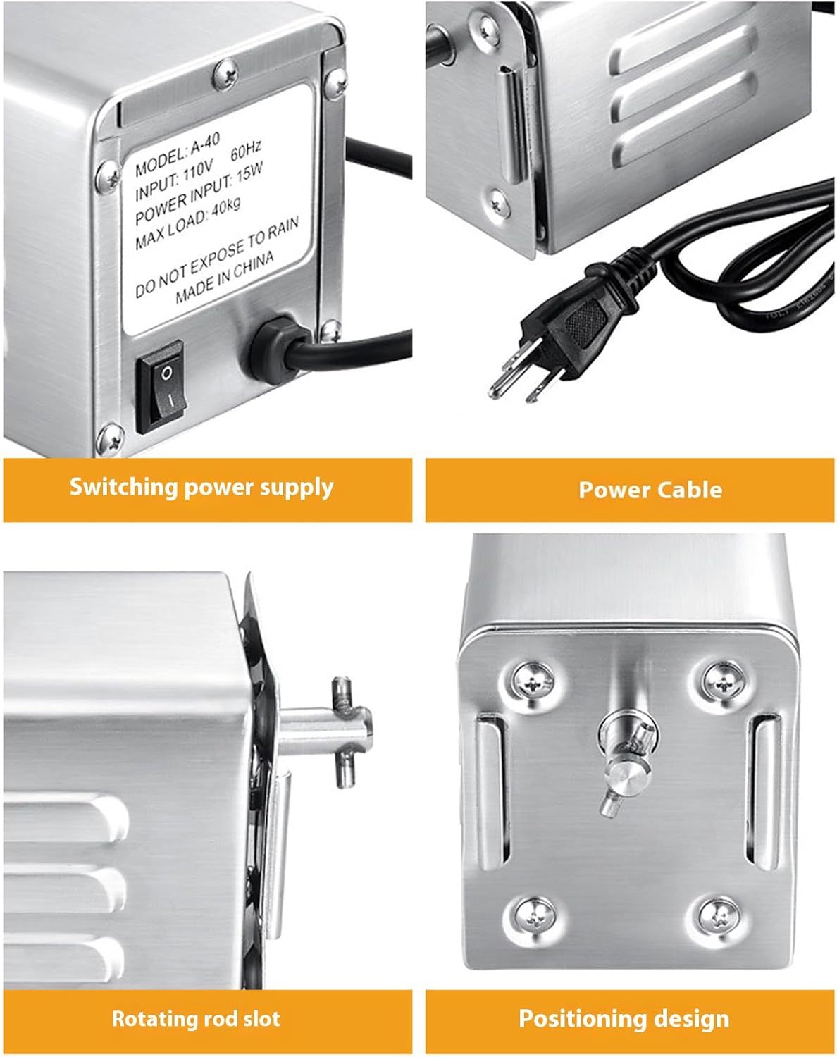 BBQ Motor 110V 15W Rotisserie Stainless Steel Electric Motor, Grill Motor High Load Rustproof Stable Electric Grill Motor for Pork Roast (Load 140~160KG)