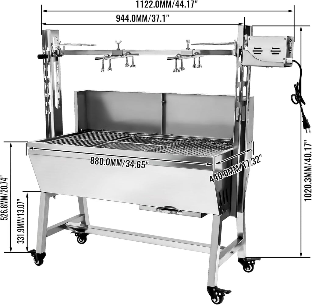 Stainless Steel Rotisserie Grill with Back Cover Guard, 25W Motor Small Pig Lamb Rotisserie Roaster, 37'' 2 in 1 BBQ Charcoal Rotisserie Grill for Camping Outdoor Kitchen