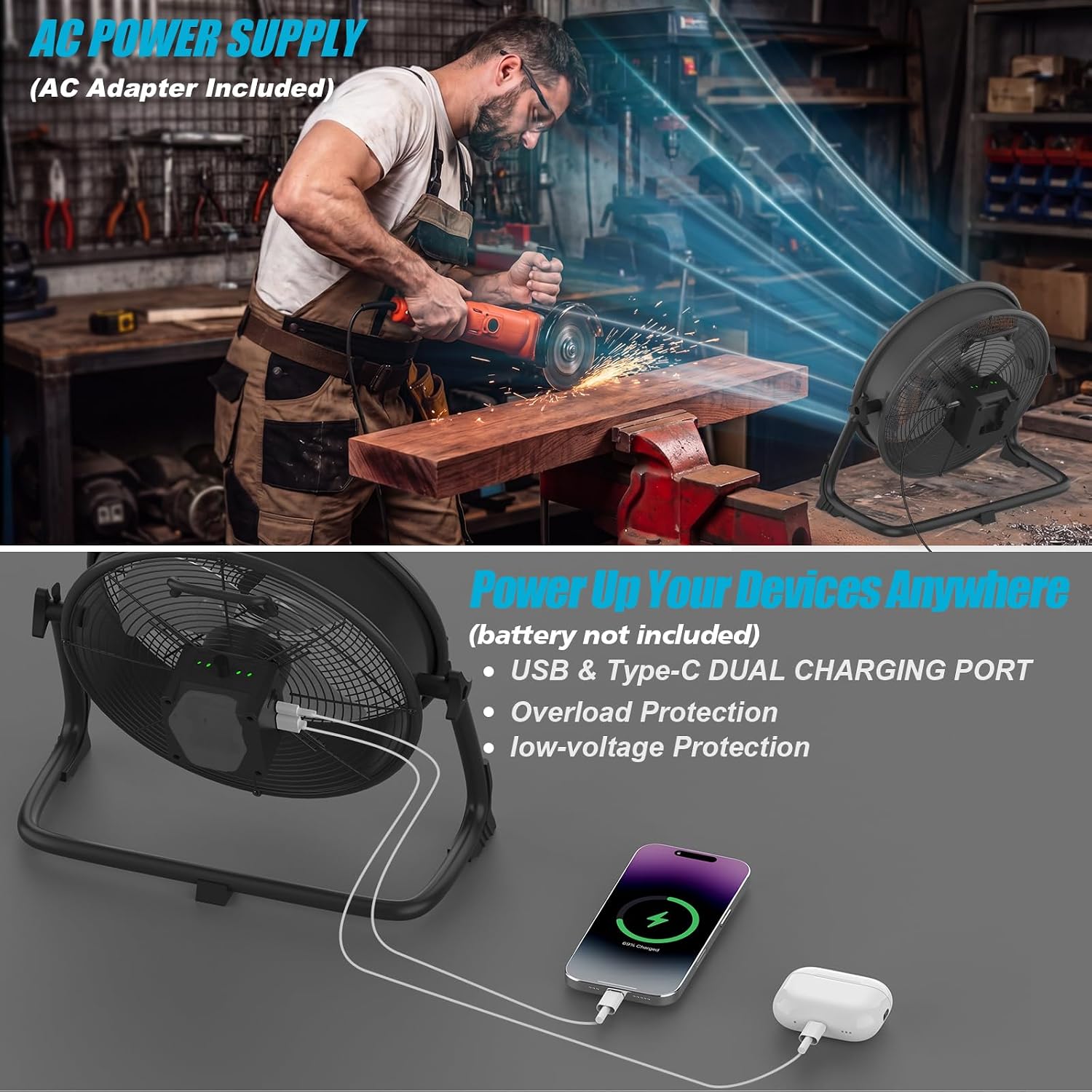 16' Battery Operated Floor Fan Compatible with Makita 18V Battery, Portable Fan with AC Adapter and USB Output, Metal Industrial High Velocity, Stepless Speed Cordless Fan for Jobsite Garage Camping