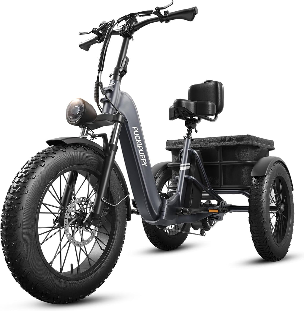 PUCKIPUPPY Electric Tricycle for Adult with 960W Peak Motor, 60 Miles Range Pickup Class Trike, 500 Lbs Load Electric Trike with Rear Differential and 20' Fat Tires, 48V 17.4AH Cell Battery, Husky