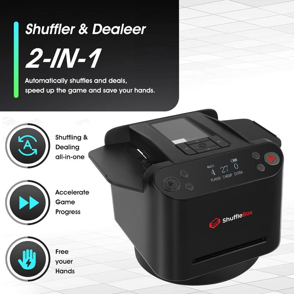 ShuffleBox G1 Pro Automatic Card Shuffler and Dealer 2-in-1, Eletric Shuffling and Dealing Machine All in ONE, Ultra Quiet, Rechargeable, Remote Card Calling, for Board Games and Poker Games (Black)