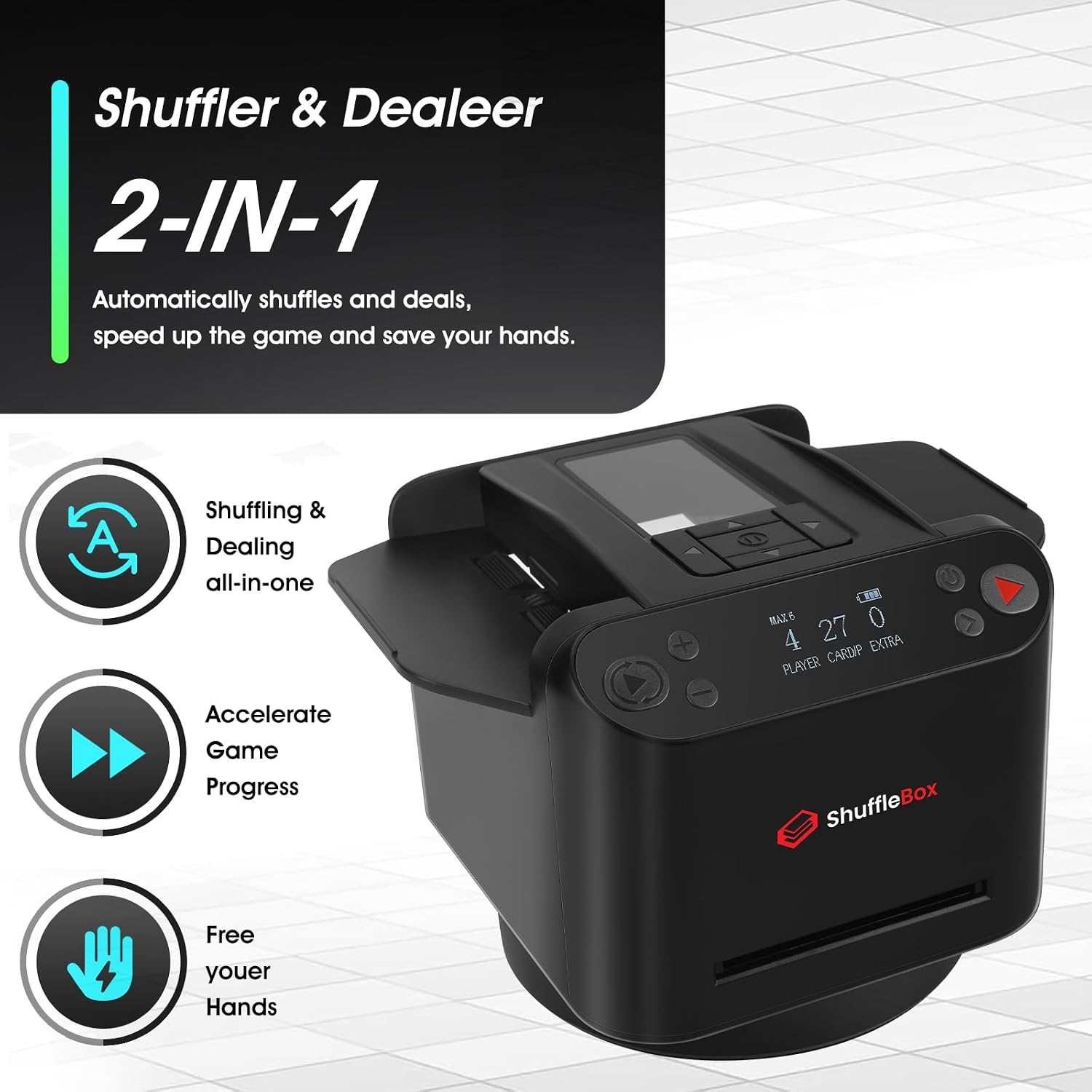 ShuffleBox G1 Pro Automatic Card Shuffler and Dealer 2-in-1, Eletric Shuffling and Dealing Machine All in ONE, Ultra Quiet, Rechargeable, Remote Card Calling, for Board Games and Poker Games (Black)