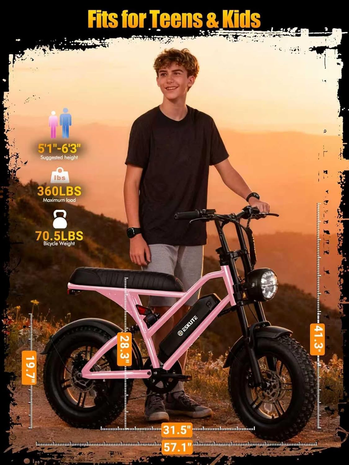 ESKUTE V100 Electric Bike for Adults, Electric Dirt Bike 1500W Peak Motor, All Terrain Dual Suspension E Bike 28MPH Top Speed, Ebike Up to 60 Miles Range, 16' Fat Tire, 48V13Ah Battery, 7-Speed
