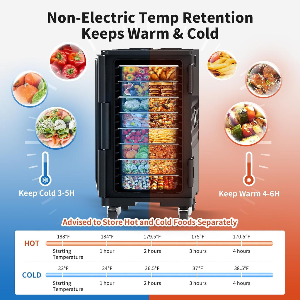 NEEDONE Food Warmer, 127 Qt Hot Box LLDPE Insulated Food Pan Carrier for Hot/Cold Food, w/Lockable Wheels, Double Buckles, Handles,Vent Hole, for Catering Restaurants Camping Family Party
