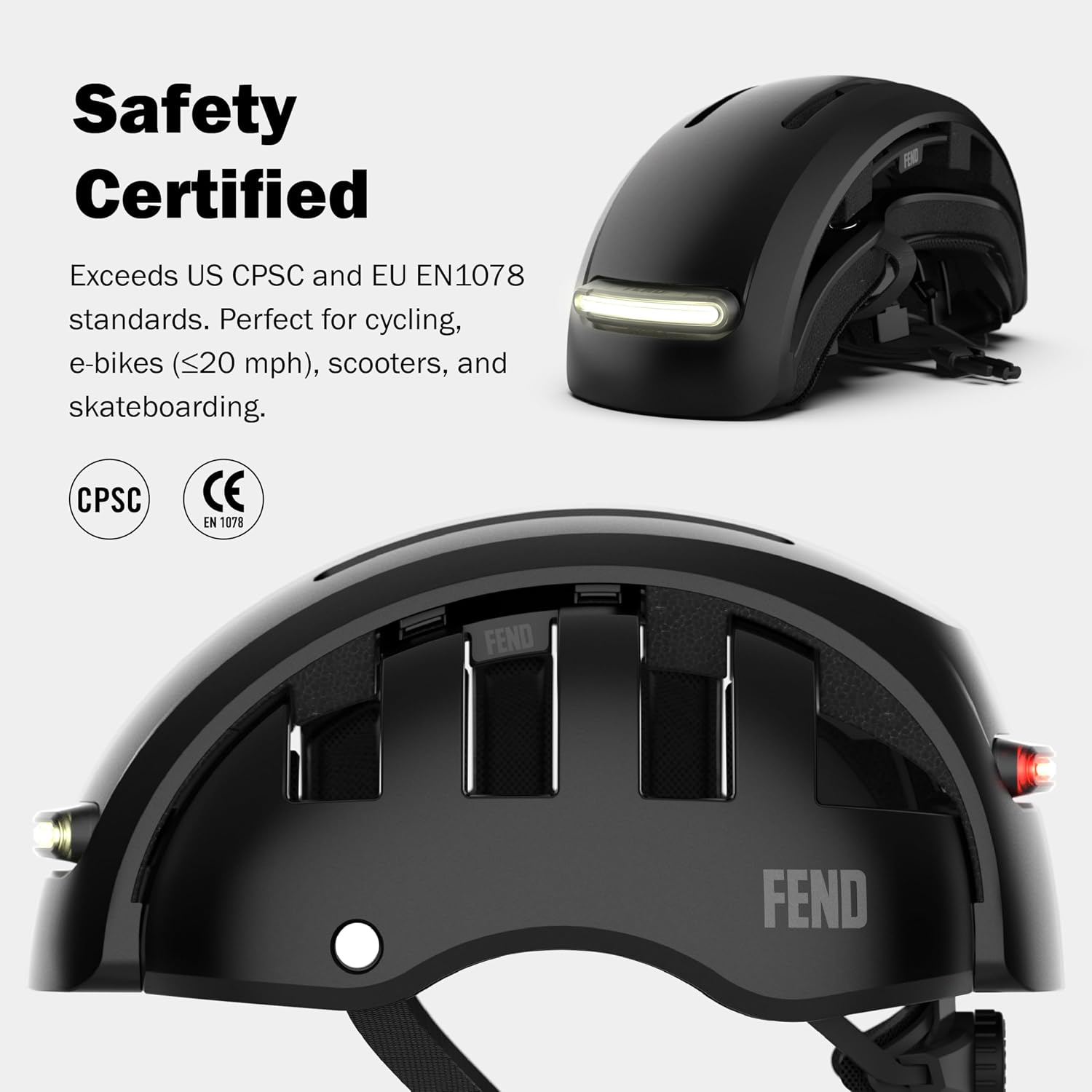 FEND Super Plus Folding Bike Helmet with Lights – Patented Smart-Fold 50% Compact Design, Ultra-Bright USB-C Front & Rear LEDs, CPSC/EN1078 Certified, for Adults, Commuters, E-Bikes, Scooters