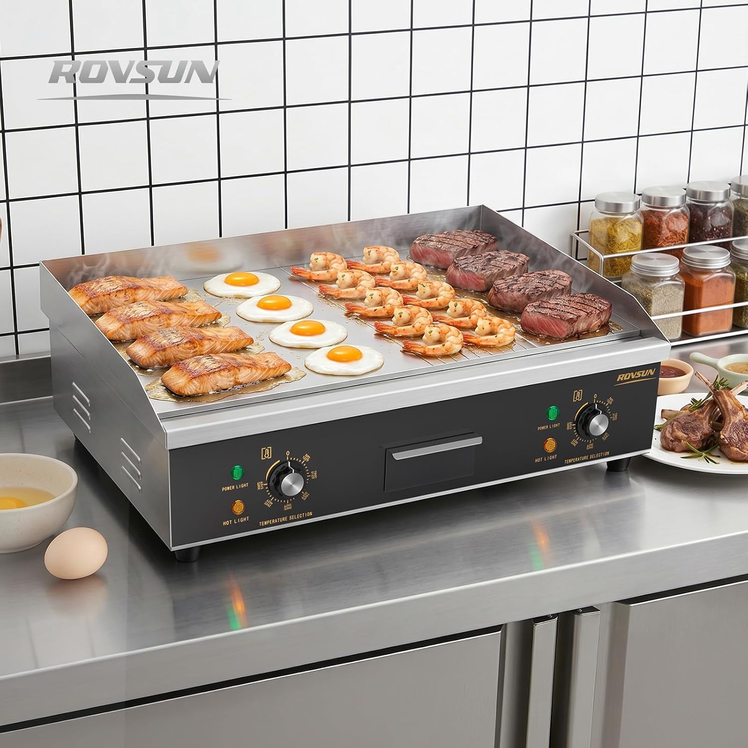 ROVSUN 26' Electric Griddle, Electric Countertop Half Flat Top Griddle, 3200W Grill Stainless Steel with Adjustable Temperature Control 122°F-572°F for Commercial Home Restaurant, Plug