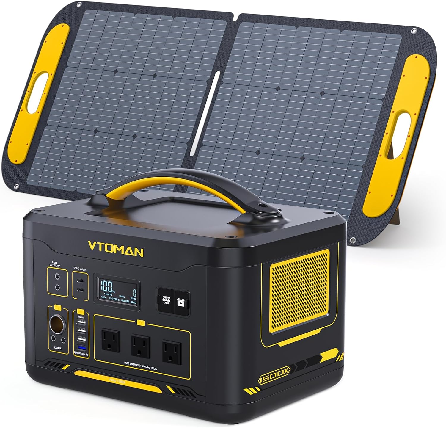 VTOMAN Jump 1500X Solar Generator with 110W Solar Panel, 828Wh Portable Power Station with 3 1500W (Peak 3000W) AC Outlets, 100W USB-C Output Fast Charge for Outdoor Camping, Home Backup, RV Travel